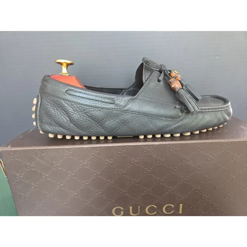 GUCCI Loafers Leather Shoes Laces Tassels Bamboo Navy Men's Size UK 8 Us8.5